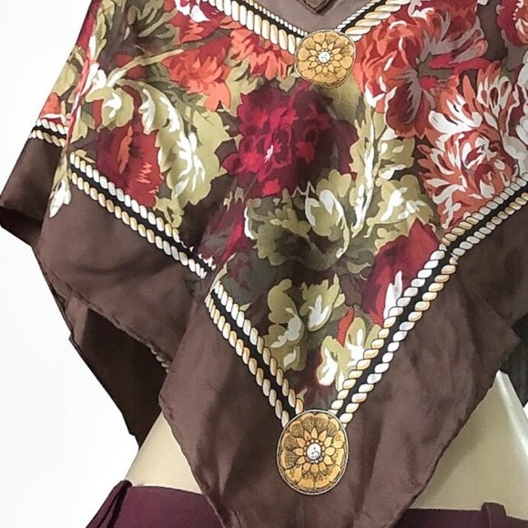 Beautiful Floral Ornate Silk Olive Green Scarf - Picture 7 of 7